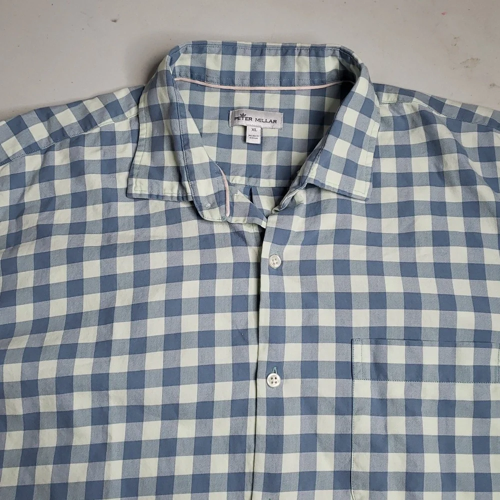 Peter Millar Cotton Silk Button Up Long Sleeve Shirt Size XL Gingham Plaid Logo